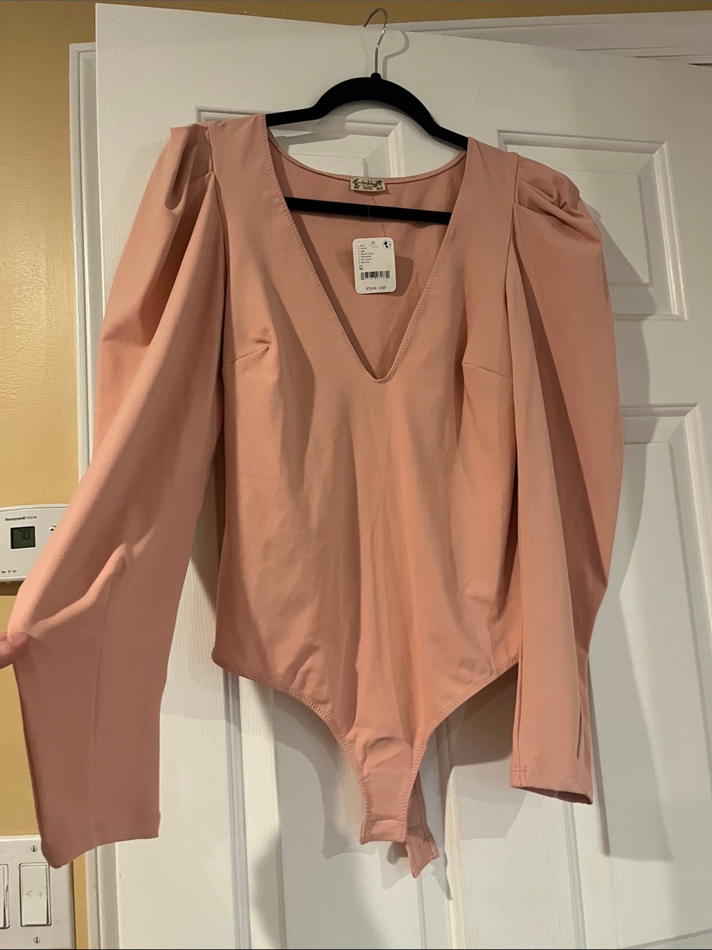 Puff-Sleeve V-Neck Bodysuit in Blush Pink